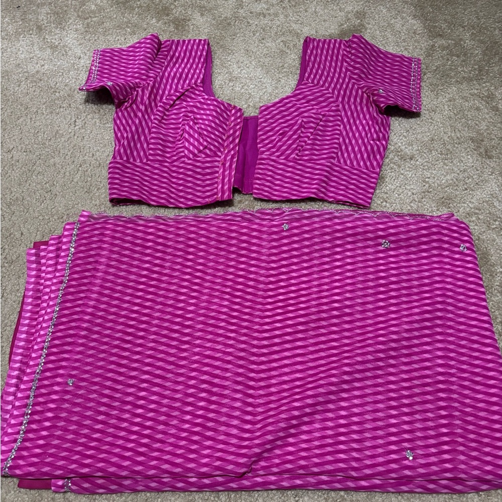 Pink Striped Women's Saree Set